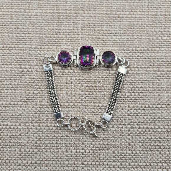 7.5-8 Inch Sterling Silver Triple Mystic Quartz Gemstone Chain Bracelet B872 - Picture 1 of 9